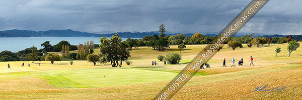 Photo of Waitangi Golf Club over looking the Bay of Islands towards Russell. Panorama, Pahia, Bay of Islands, Far North, Northland Region, New Zealand (NZ)