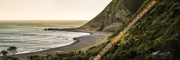Photo of Moody south Wairarapa coastline at dusk. Windy Point and Mukamukaiti Stream centre. Southern Remutaka (Rimutaka) Ranges. Palliser Bay beyond. Panorama, Remutaka Forest Park, South Wairarapa, Wellington Region, New Zealand (NZ)