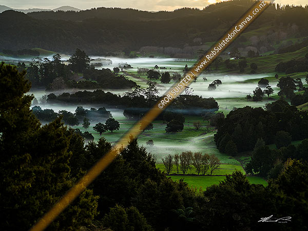 Photo of Northland evening mist settling over farmland in the Ramarama River valley near Maromaku and Towai, Maromaku, Far North, Northland Region, New Zealand (NZ)