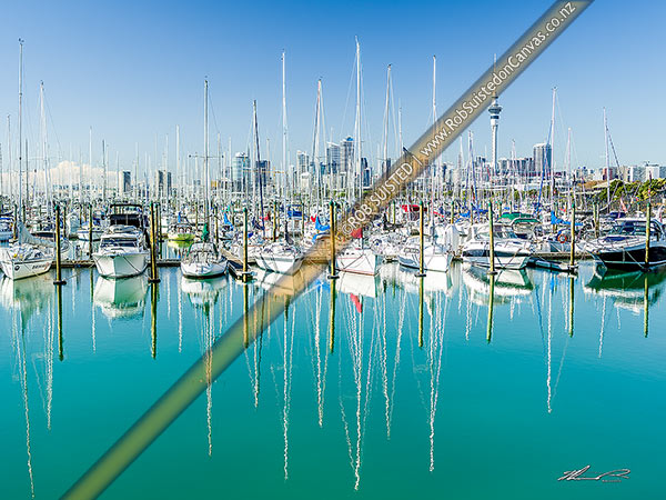 Photo of Westhaven Marina, with calm water reflecting recreational boats, sailboats and yachts. Auckland CBD, and SkyCity Sky Tower behind, Westhaven, Auckland City, Auckland Region, New Zealand (NZ)