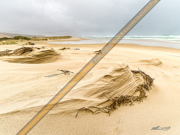 Photo of Tauroa Peninsula Beach, with wind formed sand scultures near Tanutanu Stream. Ahipara Conservation Area, Ahipara, Far North, Northland Region, New Zealand (NZ)