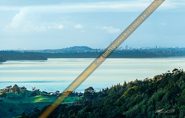 Photo of Auckland City Skyline seen from the Awhitu Peninsula, above Wattle Bay, across the Manukau Harbour 30 kilometres distant!, Awhitu Peninsula, Papakura, Auckland Region, New Zealand (NZ)
