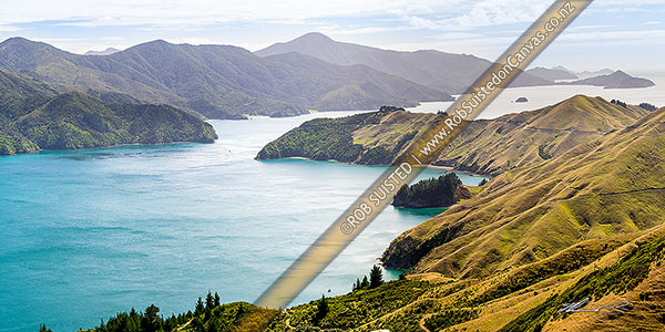Photo of French Pass (Te Aumiti) channel between D'Urville Island (left) and French Pass (Anaru). Channel Basin and Man-o-War Bay foreground. Panorama, French Pass, Marlborough Sounds, Marlborough, Marlborough Region, New Zealand (NZ)