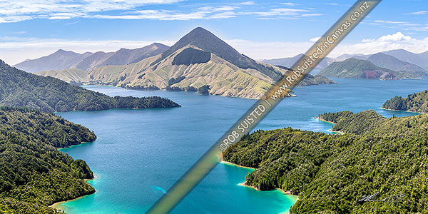 Photo of Savill Bay and Fitzroy Bay in Pelorus Sound, Marlborough Sounds. Game Point and Mt Shewell (775m) above. Maud Island far right. Panorama, Marlborough Sounds, Marlborough, Marlborough Region, New Zealand (NZ)