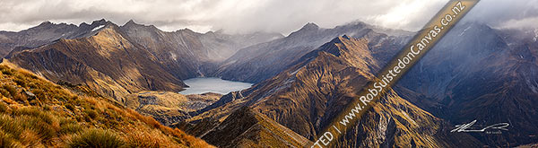 Photo of Lochnagar nestled in the Richardson Mountains, above the Shotover River headwaters. Pine Creek right. Shotover Conservation Area. Panorama, Shotover River, Queenstown Lakes, Otago Region, New Zealand (NZ)