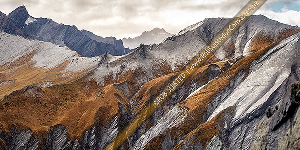Photo of Rugged alpine peaks above the Shotover River headwaters, with Craigroyston Peak (2211m) beyond. Panorama, Shotover River, Queenstown Lakes, Otago Region, New Zealand (NZ)