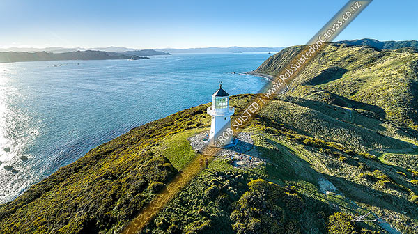 Photo of Historic Pencarrow lighthouse above Wellington Harbour entrance (1855), NZ's first lighthouse, with visitors to East Harbour Regional Park. Aerial panorama, Pencarrow Head, Hutt City, Wellington Region, New Zealand (NZ)