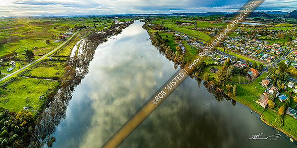 Photo of Waikato River aerial panorama, looking north from Huntly. Lake Waikare in distance, Huntly, Waikato, Waikato Region, New Zealand (NZ)