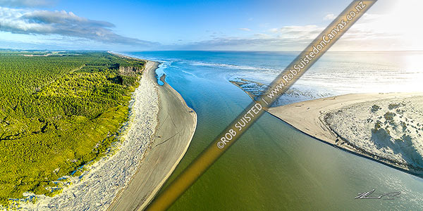 Photo of Manawatu River mouth. Waitarere forest at left. Aerial panorama, Foxton Beach, Horowhenua, Manawatu-Wanganui Region, New Zealand (NZ)