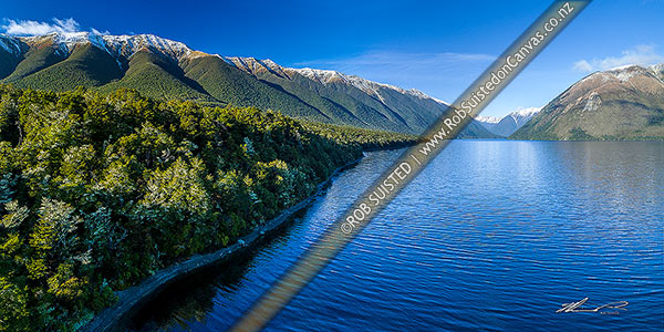Photo of Lake Rotoiti, Nelson Lakes National Park. St Arnaud Range at left, with Travers River Valley and Robert Ridge at right. Kerr Bay. Aerial panorama, St Arnaud, Tasman, Tasman Region, New Zealand (NZ)
