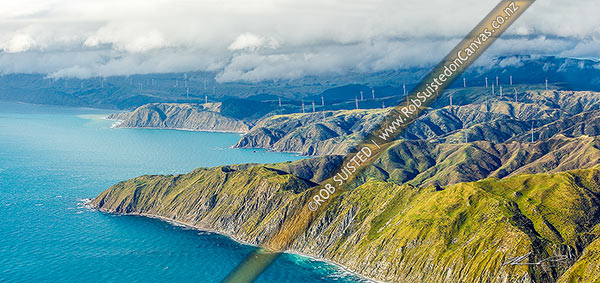 Photo of Meridian Energy Project West Wind farm of 62 turbines at Terawhiti Station and Makara Farm west of Wellington. Ohau Point and Opau Bay left. Cape Terawhiti, aerial panorama, Makara, Wellington City, Wellington Region, New Zealand (NZ)