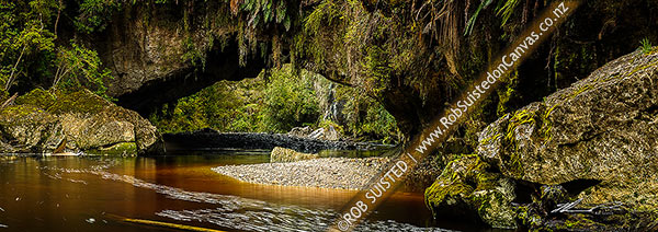 Photo of Oparara Arch. The Oparara River entering the little Oparara arch (Moria Gate). Clean, dark vegetation and tanin stained water moving slowly under the limestone arch. Panorama, Karamea,Kahurangi National Park, Buller, West Coast Region, New Zealand (NZ)