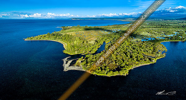 Photo of Tongariro River delta in Lake Taupo. Aerial view at Blind Mouth and First Mouth and Maketu Island centre, looking east.Motuoapa Peninsual beyond. Panorama, Tokaanu, Taupo, Waikato Region, New Zealand (NZ)