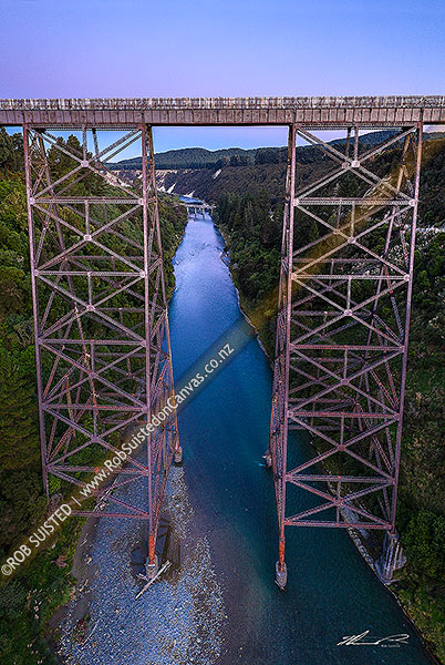 Photo of Mohaka Viaduct, railway viaduct spanning the Mohaka River in northern Hawkes Bay, 277 metres long, and at 95m, the tallest viaduct in Australasia. Aerial view, Raupunga, Wairoa, Hawke's Bay Region, New Zealand (NZ)