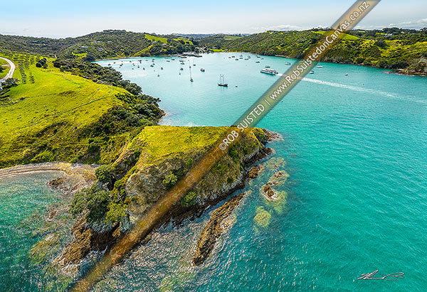 Photo of Matiatia Bay, with passenger ferry arriving. Aerial view, Waiheke Island, Auckland City, Auckland Region, New Zealand (NZ)