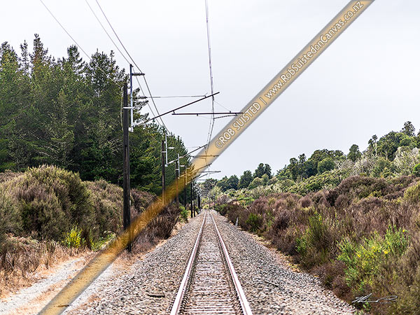 Photo of North Island Main Trunk (NIMT) Railway line rails and electrification, near Ohakune, Pokaka, Ruapehu, Manawatu-Wanganui Region, New Zealand (NZ)