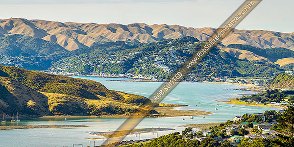 Photo of Porirua Harbour view from Aotea. Looking north past Papakowhai to Mana (right), Plimmerton (centre) and Whitireia Park at left. Panorama, Paremata, Porirua City, Wellington Region, New Zealand (NZ)