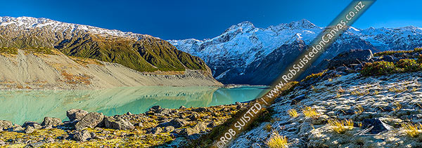 Photo of Mt Sefton (3151m centre) and Footstool (2764m right) above the Mueller Glacier lake and valley. Southern Alps, Main Divide. Panorama, Aoraki / Mount Cook National Park, MacKenzie, Canterbury Region, New Zealand (NZ)
