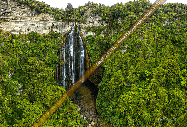 Photo of Shine Falls, a 58 metre waterfall on Boundary Stream, is a very popular attraction and walking track in Hawke's Bay near Tutira. Aerial view, Boundary Stream Scenic Reserve, Hastings, Hawke's Bay Region, New Zealand (NZ)