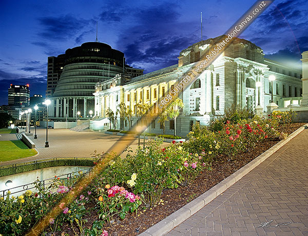 Photo of Twilight time exposure of Parliament. Beehive, Parliament and Legislative Library Buildings, Wellington, Wellington City, Wellington Region, New Zealand (NZ)