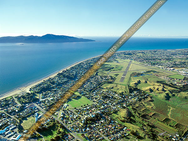 Photo of Aerial view over Paraparaumu - looking north-west past Kapiti Island, Paraparaumu, Kapiti Coast, Wellington Region, New Zealand (NZ)